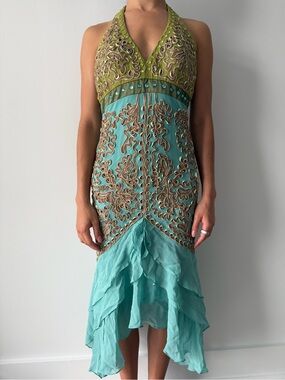 Y2K Cache GRAIL 100% silk Aqua & Olive Embroidered Halter Dress